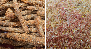Bogotá, Colombia Mosaico que muestra el snack para celiacos listo para su consumo y en su fase de producción