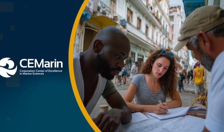 Bogotá, Colombia Logo de CEMarín junto a imagen de tres personas revisando apuntes de estudio