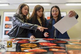 Tres estudiantes de Utadeo revisando resultados de semillero de investigación