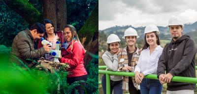 Estudiantes de Biología Ambiental en un bosque húmedo y a la derecha, estudiantes de Ingeniería Ambiental en salida de campo 